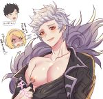  1girl 2boys alter_ego_malevolent_(granblue_fantasy) belial_(granblue_fantasy) black_hair blonde_hair chiharudaaaaaaa djeeta_(granblue_fantasy) fang feather_boa gran_(granblue_fantasy) granblue_fantasy grey_hair hairband highres licking_lips male_focus multiple_boys nipple_piercing nipple_rings pectorals piercing red_eyes self_exposure shaded_face shirt_pull simple_background skin_fang solo_focus tongue tongue_out upper_body white_background 