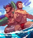  2boys abs absurdres alternate_costume animal_ears back-to-back bara bard bare_chest beard chest chest_hair commission cow_boy cow_ears cow_horns facial_hair fate/grand_order fate/zero fate_(series) feet_out_of_frame furry guoguo highres horns iskandar_(fate) loincloth loincloth_lift male_focus male_swimwear minotaur multiple_boys muscle navel nipples one_eye_closed original red_eyes red_hair scar scar_across_eye short_hair swim_briefs swimwear thick_thighs thighs water water_gun wet 
