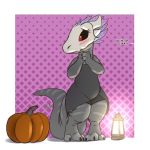  1:1 2020 3_toes anthro blush claws clothed clothing english_text female food fruit full-length_portrait fully_clothed grey_body hi_res kobold lantern louart plant portrait pumpkin purple_background signature simple_background solo standing text toe_claws toes 
