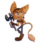  2020 alpha_channel anthro brown_markings brown_nose clothing eyebrows fangs fur gloves green_eyes handwear headgear headwear hi_res holding_object lombax long_tail male mammal markings open_mouth ratchet ratchet_and_clank simple_background sony_corporation sony_interactive_entertainment spookythekitty2001 transparent_background video_games weapon yellow_body yellow_fur 