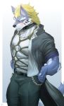  5_fingers absurd_res anthro arm_tuft blonde_hair blue_body blue_eyes blue_fur blush bound canid canine canis claws clothed clothing coat collar ear_piercing ear_ring elbow_tufts fangs fenrir_(housamo) fingers fur hair hi_res male mammal muscular muscular_anthro muscular_male open_clothing open_shirt open_topwear piercing rope rope_bondage rope_harness shirt solo spiked_collar spikes tokyo_afterschool_summoners topwear tuft video_games vlw4zegrsgtsi6e white_body white_fur white_outline wolf 