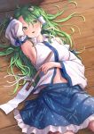  1girl armpits blue_skirt breasts detached_sleeves frog_hair_ornament green_eyes green_hair hair_between_eyes hair_ornament highres kochiya_sanae long_hair looking_at_viewer lying medium_breasts messy_hair miniskirt navel on_back on_floor parted_lips roke_(taikodon) shirt skirt snake_hair_ornament solo touhou white_shirt wide_sleeves wooden_floor 