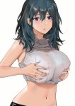  1girl alternate_costume bangs bare_arms bare_shoulders black_hair blue_eyes breast_hold breasts byleth_(fire_emblem) byleth_(fire_emblem)_(female) crop_top fire_emblem fire_emblem:_three_houses hair_between_eyes j@ck lactation lactation_through_clothes large_breasts long_hair navel simple_background solo stomach upper_body white_background 