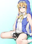  1boy androgynous armpit_peek bike_shorts blonde_hair blue_eyes bridget_(guilty_gear) commentary_request erection erection_under_clothes guilty_gear habit hair_between_eyes highres himesamaiove little_penis male_focus masturbation masturbation_through_clothing neck_ribbon otoko_no_ko penis penis_under_clothes ribbon sidelocks sitting socks solo testicles testicles_under_clothes thighs wariza 