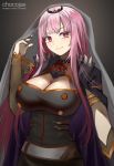  1girl artist_name bangs black_background breasts chocojax cleavage highres hololive hololive_english large_breasts long_hair looking_to_the_side mori_calliope pink_hair red_eyes solo veil virtual_youtuber 
