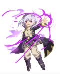  1girl aura betabetamaru boots bright_pupils dark_aura fire_emblem fire_emblem_awakening full_body gloves grima_(fire_emblem) highres hood hood_up hooded_robe long_hair long_sleeves magic outstretched_arm pixel_art red_eyes robe robin_(fire_emblem) robin_(fire_emblem)_(female) shiny shiny_hair silver_hair simple_background smirk twintails white_background 