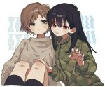  2girls black_hair black_legwear border brown_hair brown_sweater closed_mouth feet_out_of_frame fingernails green_eyes green_jacket jacket ka_(marukogedago) long_sleeves looking_at_viewer multiple_girls original red_eyes sitting smile socks sweater white_border 