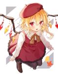  1girl adapted_uniform argyle argyle_legwear beret black_legwear blonde_hair bow brown_footwear fang flandre_scarlet hair_between_eyes hat hat_bow hi_o_kawa highres leaf long_hair long_sleeves looking_at_viewer pantyhose pointy_ears red_bow red_eyes red_headwear red_skirt red_vest shirt shoes side_ponytail skirt skirt_set solo touhou vest white_background white_shirt wings yellow_neckwear 