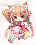  1girl :d animal_ear_fluff animal_ears apron bangs between_fingers blush_stickers braid broom brown_eyes brown_hair checkered chibi commentary_request dango eyebrows_visible_through_hair food food_themed_hair_ornament frilled_apron frills full_body green_legwear gyozanuko hair_between_eyes hair_ornament hairclip highres holding holding_broom holding_food japanese_clothes kimono long_hair long_sleeves looking_at_viewer lumia_saga maid_headdress obi open_mouth red_footwear red_kimono sanshoku_dango sash short_eyebrows smile solo striped striped_legwear tail thick_eyebrows thighhighs twin_braids twintails vertical-striped_legwear vertical_stripes very_long_hair wa_maid wagashi white_apron wide_sleeves zoom_layer zouri 