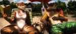  2020 anthro beach beach_chair book bottomwear cabin canid canine clothing cloud day duo eyewear eyewear_on_head felid female fox glasses glasses_on_head grass hi_res holding_object hut looking_at_another male mammal pantherine red_fox relaxing resting sand seaside shorts summer sunglasses swimming_trunks swimwear tail_wrapped temiree tiger tree umbrella 