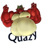  1:1 2015 anthro asian_mythology badge belly big_belly big_muscles dragon east_asian_mythology eastern_dragon eyewear fierglief glasses green_hair grin hair horn huge_muscles looking_at_viewer male musclegut muscular muscular_anthro muscular_male mythology nipples nude overweight overweight_anthro overweight_male quazy raised_arm sharp_teeth simple_background slightly_chubby smile solo teeth text white_background 