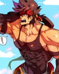  ! 1boy bara bare_shoulders black_tank_top brown_hair chest covered_abs guilty_gear headgear highres long_hair male_focus muscle na_insoo ponytail shiny shiny_skin simple_background sol_badguy solo spiked_hair spoken_exclamation_mark sweatdrop tank_top tight yellow_eyes 