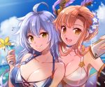  2girls ahoge artist_request bikini blue_bikini blue_hair blue_sky braid breasts brown_eyes brown_hair cleavage cloud cocktail_glass collarbone commentary_request cup drinking_glass flower granblue_fantasy hair_flower hair_ornament looking_at_viewer multiple_girls open_mouth phone self_shot silva_(granblue_fantasy) sky smile song_(granblue_fantasy) swimsuit twin_braids white_bikini 