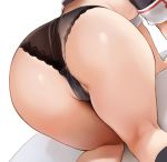  1girl all_fours ass ass_focus black_legwear black_panties breasts commentary_request dutch_angle kantai_collection kneehighs kneepits panties shigure_(kantai_collection) short_sleeves sideboob simple_background small_breasts solo thighs umakuchi_shouyu underwear white_background work_in_progress 