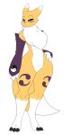  alpha_channel anthro armwear black_sclera chest_tuft clothing dewwydarts digimon digimon_(species) elbow_gloves female gloves hand_on_hip handwear hi_res huge_hips mostly_nude renamon simple_background solo transparent_background tuft wide_hips 