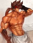  1boy abs bara bare_chest brown_hair chest guilty_gear headgear highres long_hair male_focus muscle na_insoo naked_towel navel nipples ponytail sauna shiny shiny_skin simple_background sol_badguy solo spiked_hair sweat tight towel yellow_eyes 