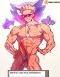  1boy abs bara bare_chest blonde_hair blue_eyes character_request collarbone completely_nude dog_tags english_text erection hand_on_hip highres jewelry large_penis male_focus muscle na_insoo navel necklace nipples nude penis pokemon pokemon_(game) pokemon_hgss precum shiny shiny_skin sunglasses surge_(pokemon) teeth 