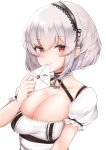  1girl anchor_choker artist_request azur_lane breasts cleavage envelope eyebrows_visible_through_hair hair_between_eyes highres holding holding_envelope large_breasts looking_at_viewer red_eyes short_hair short_sleeves simple_background sirius_(azur_lane) solo upper_body white_background white_hair 