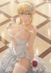  1girl absurdres alcohol aqua_eyes artoria_pendragon_(all) artoria_pendragon_(lancer) bare_arms bare_shoulders blonde_hair blue_flower braid breasts center_opening cleavage collarbone cup dress drinking_glass fate/grand_order fate_(series) flower french_braid from_above garter_straps hair_flower hair_ornament hand_up highres holding holding_cup jewelry large_breasts long_hair looking_at_viewer necklace rose see-through sleeveless sleeveless_dress smile solo strapless strapless_dress thighhighs tile_floor tiles white_dress wine wine_glass yohan1754 