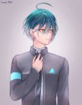  1boy adjusting_clothes adjusting_necktie ahoge artist_name bangs black_jacket black_neckwear closed_mouth collared_shirt commentary_request danganronpa detroit:_become_human ewa_(seraphhuiyu) facing_viewer green_hair grey_background grey_jacket hair_between_eyes hand_on_own_chest hand_up highres jacket long_sleeves looking_to_the_side male_focus necktie new_danganronpa_v3 saihara_shuuichi shirt short_hair solo upper_body white_shirt wing_collar yellow_eyes 