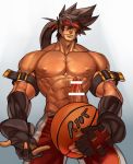  1boy abs alternate_costume ball bar_censor bara bare_chest basketball basketball_uniform brown_hair censored chest commission cowboy_shot erection fingerless_gloves from_below gloves guilty_gear headgear holding holding_ball long_hair male_focus muscle na_insoo navel nipples penis ponytail precum shiny shiny_skin simple_background sol_badguy solo spiked_hair sportswear yellow_eyes 