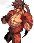  1boy abs alternate_costume bara bare_chest brown_hair chest cigarette cropped_legs fingerless_gloves gloves guilty_gear headgear long_hair male_focus muscle na_insoo navel nipples open_clothes ponytail shiny shiny_skin simple_background smoking sol_badguy solo spiked_hair undressing white_background yellow_eyes 
