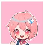  1girl atelier_live character_name chibi english_commentary looking_at_viewer lowres pink_eyes pink_hair short_hair smile solo virtual_youtuber waving yamane_chiika yueko_(jiayue_wu) 