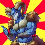  1:1 abs anthro arm_wraps blue_body bovid caprine claws dragon_ball dragon_ball_super gesture horn male mammal moro muscular muscular_anthro muscular_male red_eyes solo teba_motoko thumbs_up vein wraps 