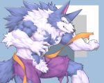  5:4 5_fingers anthro blue_body blue_fur bottomwear canid canine canis capcom captainjohkid claws clothed clothing crotch_tuft darkstalkers fingers fur hi_res jon_talbain male mammal muscular muscular_anthro muscular_male purple_bottomwear purple_clothing solo teeth topless torn_clothing tuft video_games were werecanid werecanine werewolf white_body white_fur wolf yellow_eyes 