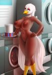  2020 accipitrid accipitriform anthro avian big_breasts bird blue_eyes breasts brown_body eagle feathers female freeda_(himynameisnobody) genitals hi_res huge_breasts igazella laundromat laundry multicolored_body nipples non-mammal_breasts pussy solo white_body white_feathers 