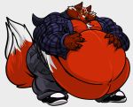  2019 5_fingers anthro big_cheeks big_muscles bottomwear canid canine canis chest_tuft clothing earpiece eyewear fierglief fierglief_(character) fingers footwear glasses grin hand_on_stomach hi_res huge_muscles looking_at_viewer male mammal morbidly_obese morbidly_obese_anthro morbidly_obese_male musclegut muscular muscular_anthro muscular_male nipples obese obese_anthro obese_male overweight overweight_anthro overweight_male pants plantigrade shirt shoes simple_background smile solo standing topwear tuft unzipped white_background wolf yellow_eyes 