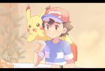  1boy ash_ketchum bangs baseball_cap black_hair brown_eyes closed_mouth commentary_request cup gen_1_pokemon hair_between_eyes hat holding holding_cup mei_(maysroom) on_shoulder pikachu plant plate pokemon pokemon_(anime) pokemon_(creature) pokemon_on_shoulder pokemon_sm_(anime) shirt short_sleeves smile t-shirt watermark 