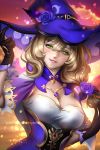  1girl ayya_saparniyazova black_gloves blonde_hair breasts cleavage flower framed_breasts genshin_impact gloves green_eyes hat large_breasts lisa_(genshin_impact) looking_at_viewer medium_hair parted_lips smile solo tagme witch_hat 