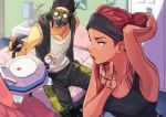  1boy 1girl 2gou adjusting_hair apex_legends arm_tattoo arm_up armpits bed bed_sheet bedroom black_gloves black_tank_top breasts brown_eyes commentary_request double_bun drone fingerless_gloves gas_mask gloves headband highres indoors lifeline_(apex_legends) nose octane_(apex_legends) on_bed pants pillow red_hair red_lips shirt sitting sitting_on_bed small_breasts tank_top tattoo tying_hair white_shirt 