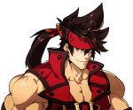  1boy bara bare_shoulders brown_hair chest guilty_gear headgear long_hair male_focus muscle na_insoo open_clothes pelvic_curtain persona persona_5 ponytail shiny shiny_skin simple_background sleeveless sol_badguy solo spiked_hair tagme upper_body white_background yellow_eyes 
