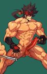 1boy abs bara brown_hair chest collarbone erection feet_out_of_frame fingerless_gloves gloves guilty_gear headgear highres large_penis long_hair male_focus muscle na_insoo navel nipples nude penis ponytail shiny shiny_skin simple_background sol_badguy solo spiked_hair testicles thighs yellow_eyes 