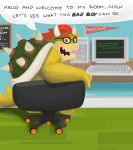  2020 absurd_res anthro bowser chair computer detailed_background english_text eyewear furniture glasses greeting guavanzo hi_res koopa male mario_bros nintendo scalie sitting solo text video_games 