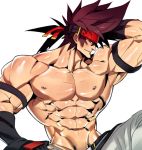  1boy abs arm_behind_head armband bara brown_hair chest fingerless_gloves gloves guilty_gear headgear long_hair male_focus muscle na_insoo navel pants ponytail shiny shiny_skin shirtless simple_background sol_badguy solo spiked_hair veins white_pants yellow_eyes 