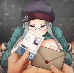  1boy 1girl aqua_sweater azur_lane breasts brown_eyes eagle_union_(emblem) glasses grey_hair hat holding holding_letter id_card implied_fellatio implied_paizuri implied_sex large_breasts letter long_hair looking_at_viewer ribbed_sweater semi-rimless_eyewear shangri-la_(azur_lane) shangri-la_(the_collector&#039;s_paradise)_(azur_lane) silver-framed_eyewear sweater tosaka_(tosaka0001) turtleneck turtleneck_sweater 