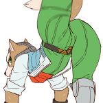  1:1 anthro bandanna brown_body brown_fur canid canine clothed clothing fox fox_mccloud fur green_clothing green_eyes jacket kerchief kick looking_back male mammal nintendo rear_view simple_background solo star_fox teba_motoko topwear video_games white_background 