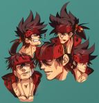  1boy :p brown_hair collage collarbone expressions face guilty_gear headgear long_hair male_focus multiple_views muscle na_insoo open_clothes pelvic_curtain ponytail shiny shiny_skin simple_background sol_badguy spiked_hair tongue tongue_out yellow_eyes 