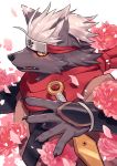  5_fingers accessory anthro canid canine canis claws clothed clothing domestic_dog fingers flower fur grey_body grey_fur hair headband holding_object holding_weapon kunai male mammal ninja open_mouth pawpads peony_(flower) petals plant red_eyes scarf simple_background solo tadatomo tokyo_afterschool_summoners video_games warrior weapon white_background white_hair yow 
