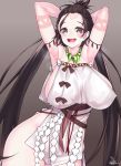  1girl armpits arms_behind_head arms_up bare_shoulders blush body_markings breasts brown_eyes brown_hair dress facial_mark fate/grand_order fate_(series) forehead forehead_mark gradient gradient_background grey_background highres himiko_(fate) large_breasts long_hair looking_at_viewer magatama magatama_necklace open_mouth sash side_slit sideboob smile thighs topknot twintails watosu white_dress 