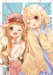  2girls ;d bangs beret blonde_hair blunt_bangs blush brown_eyes brown_hair commentary_request eyebrows_visible_through_hair futaba_anzu gat hair_ribbon hand_up hat highres ichihara_nina idolmaster idolmaster_cinderella_girls idolmaster_cinderella_girls_starlight_stage long_hair long_sleeves looking_at_viewer low_twintails multiple_girls one_eye_closed open_mouth plaid_headwear ribbon rino_cnc smile suspenders twintails v 