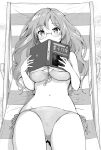  1girl beach_chair bikini blush book breasts cleavage covered_mouth cowboy_shot front-tie_bikini front-tie_top futaba_rio glasses greyscale kurimomo large_breasts long_hair lying monochrome navel official_art on_back open_book seishun_buta_yarou side-tie_bikini solo swimsuit 