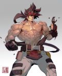  1boy abs alternate_costume bara bare_chest belt_buckle brown_hair buckle chest feet_out_of_frame fingerless_gloves gloves guilty_gear harness headgear long_hair male_focus muscle na_insoo navel nipples pelvic_curtain ponytail shiny shiny_skin shirtless simple_background sol_badguy solo spiked_hair tearing_clothes thick_thighs thighs tight torn_clothes yellow_eyes 