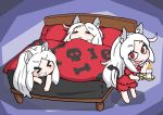  &gt;_&lt; 3girls :3 animal_ear_fluff animal_ears bed bed_sheet black_tail blush bone_print candle candlelight cerberus_(helltaker) chibi commentary_request demon_tail dog_ears dog_girl eyebrows_visible_through_hair fang grin helltaker highres long_hair looking_at_viewer multiple_girls open_mouth planb red_eyes skin_fang skull_print sleeping sleepwear smile tail triplets white_hair x3 