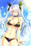  1girl :q antenna_hair ass_visible_through_thighs azur_lane bangs bare_shoulders bikini black_bikini black_choker black_ribbon blush breasts brown_eyes choker collarbone commentary_request cross cross_earrings day earrings eyebrows_visible_through_hair eyes_visible_through_hair finger_to_mouth flag_print gekato german_flag_bikini hair_between_eyes hair_ribbon head_tilt highres jewelry large_breasts long_hair looking_at_viewer multicolored_hair navel one_eye_closed outdoors prinz_eugen_(azur_lane) prinz_eugen_(unfading_smile)_(azur_lane) red_hair ribbon side-tie_bikini silver_hair sky solo standing streaked_hair sunlight swept_bangs swimsuit thigh_strap tongue tongue_out two_side_up 