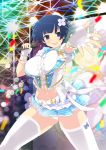  1girl blue_hair bob_cut bow breasts confetti fingerless_gloves flower frilled_skirt frills gloves hair_flower hair_ornament highres idol large_breasts microphone navel official_art panties pantyshot scan senran_kagura short_hair skirt stage stage_lights thick_thighs thighhighs thighs underwear upskirt yozakura_(senran_kagura) 