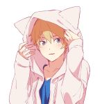  1boy animal_hood blonde_hair blue_eyes blue_shirt blush commentary_request drawstring hair_between_eyes highres holostars hood hood_up kishido_temma looking_at_viewer male_focus open_mouth shirt short_hair simple_background solo upper_body virtual_youtuber white_background white_hoodie yufu_toyomimasu 